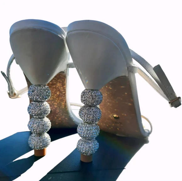 RAYE Leather Crystal Embellished Heels Disco Ball Strappy White Party 8.5 - Picture 6 of 13